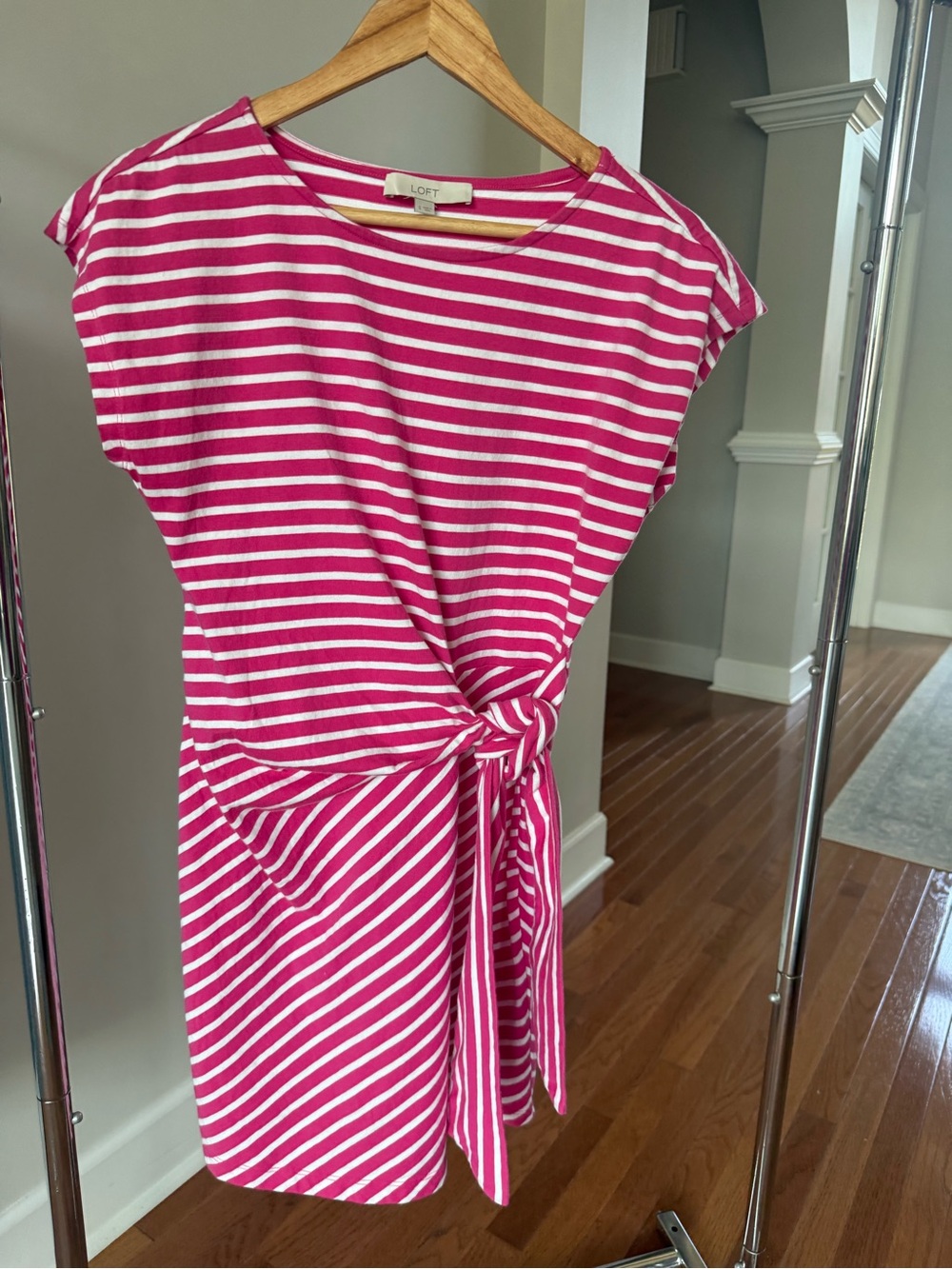 LOFT Fuchsia and White Striped Tie-Waist Mini Dress